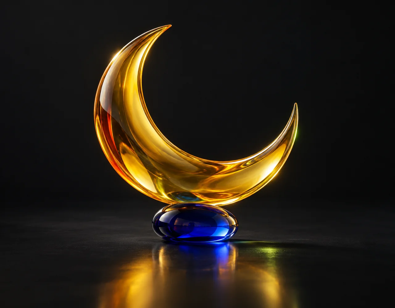 Nano Banana 2 Lite editorial cover: a fine honey-yellow glass crescent supported by a small cobalt pebble