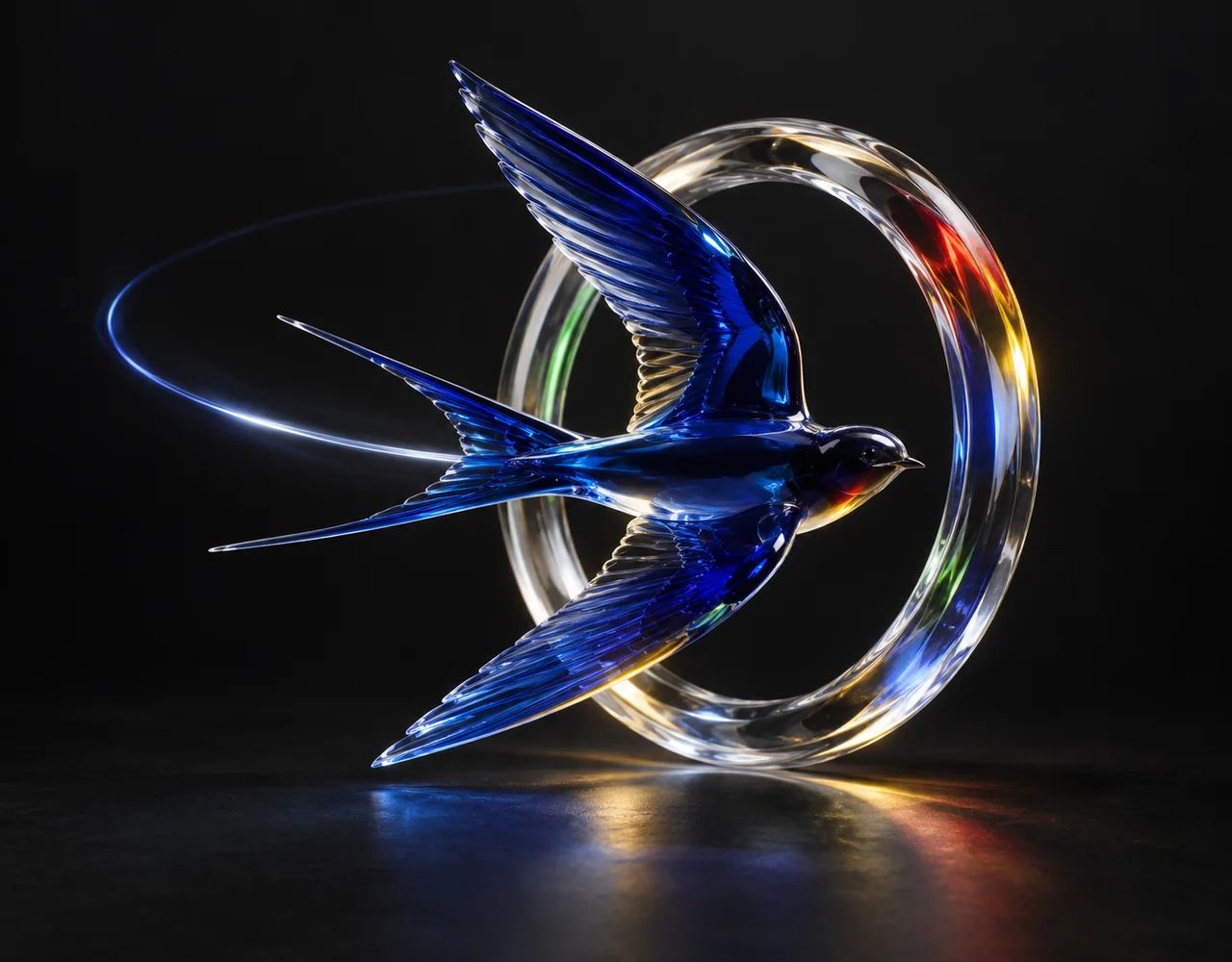 Veo 3.1 Fast editorial cover: a cobalt glass swallow banking around a clear optical ring, a single elegant light wake