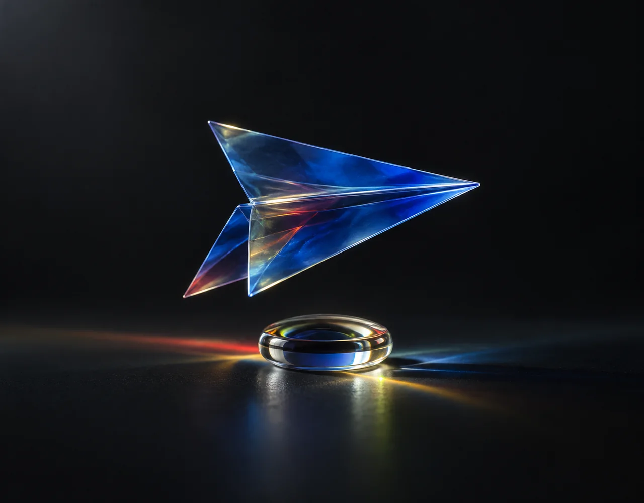 Veo 3.1 Lite editorial cover: a lightweight cobalt translucent paper glider hovering above a small clear lens, calm minimal geometry