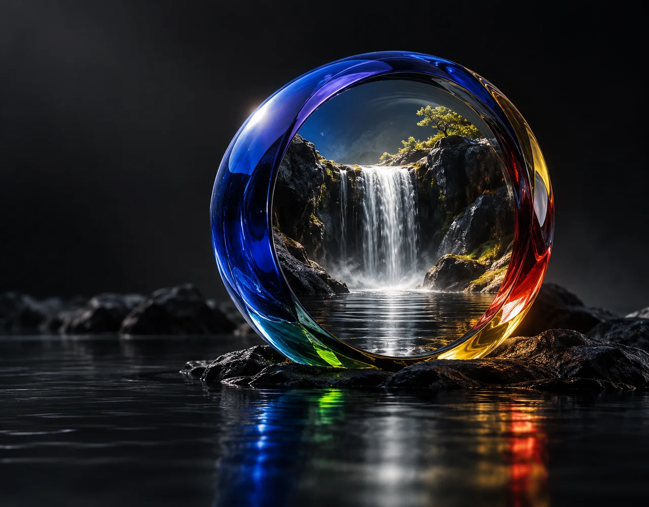 Veo 3.1 editorial cover: a cobalt optical lens framing a miniature cinematic waterfall pouring into a dark reflective basin
