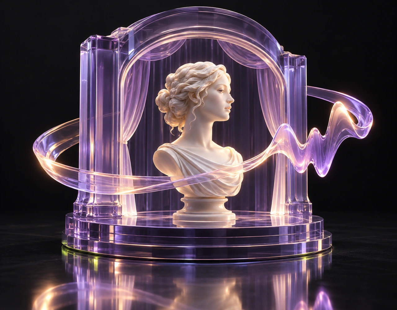 HeyGen Video 1.0 · Reference to video editorial illustration: An ivory sculptural bust stands in a lavender glass theatre surrounded by a peach and violet sound wave.