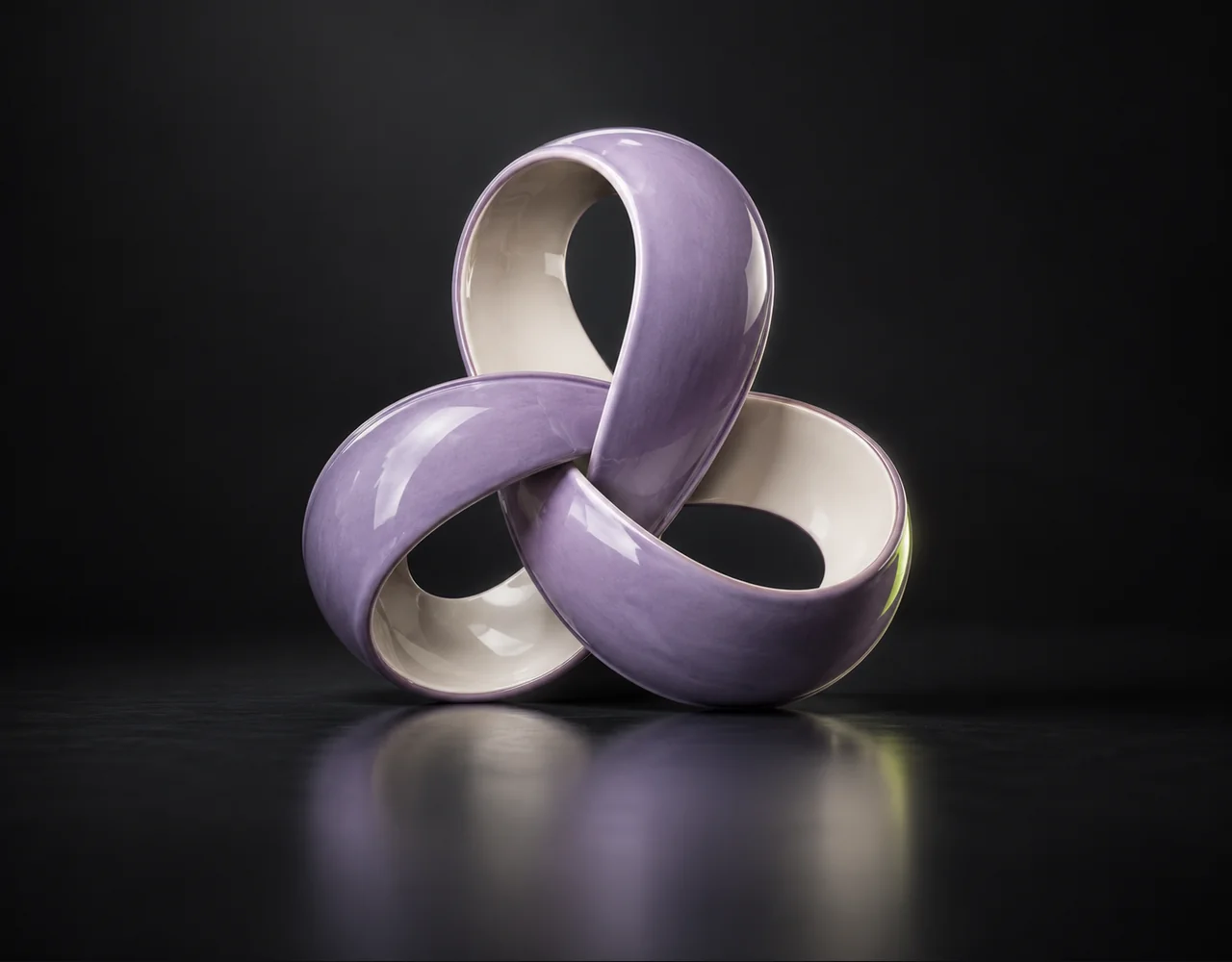 Ideogram 3.0 editorial cover: a lavender ceramic folded ribbon forming a clean trefoil