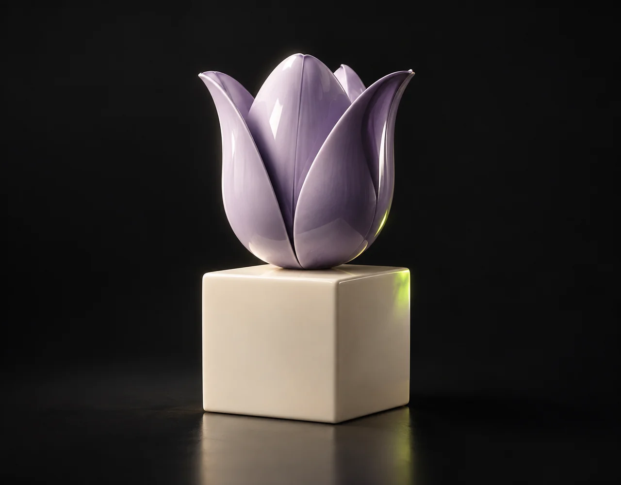 Ideogram 4.0q editorial cover: a compact lavender sculptural tulip above a cream cube