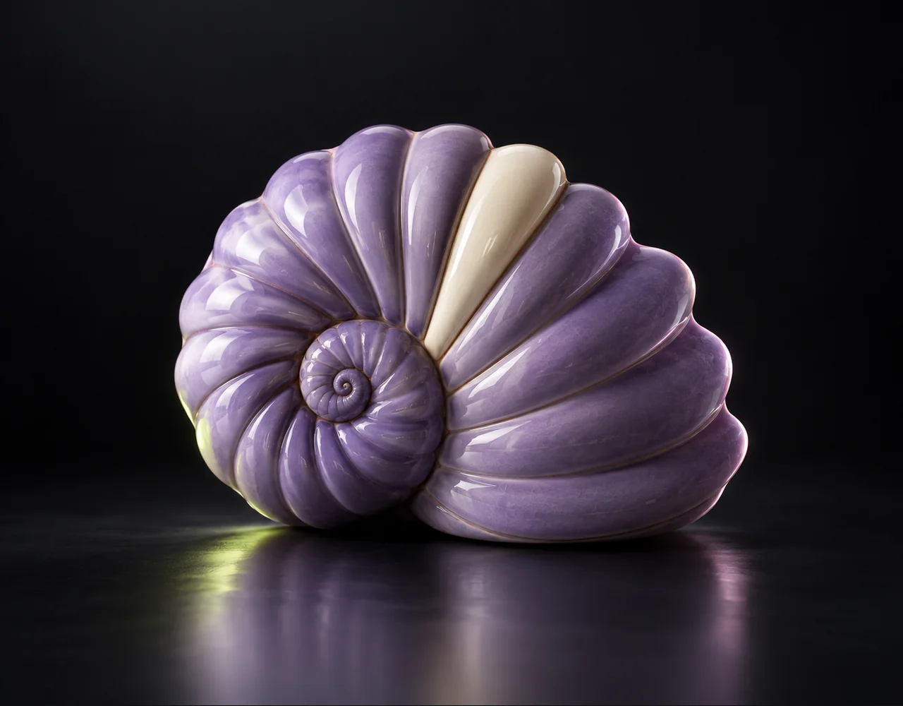 Ideogram 4.5 Precise Edit editorial cover: a lavender ceramic shell with one exact cream replacement wedge
