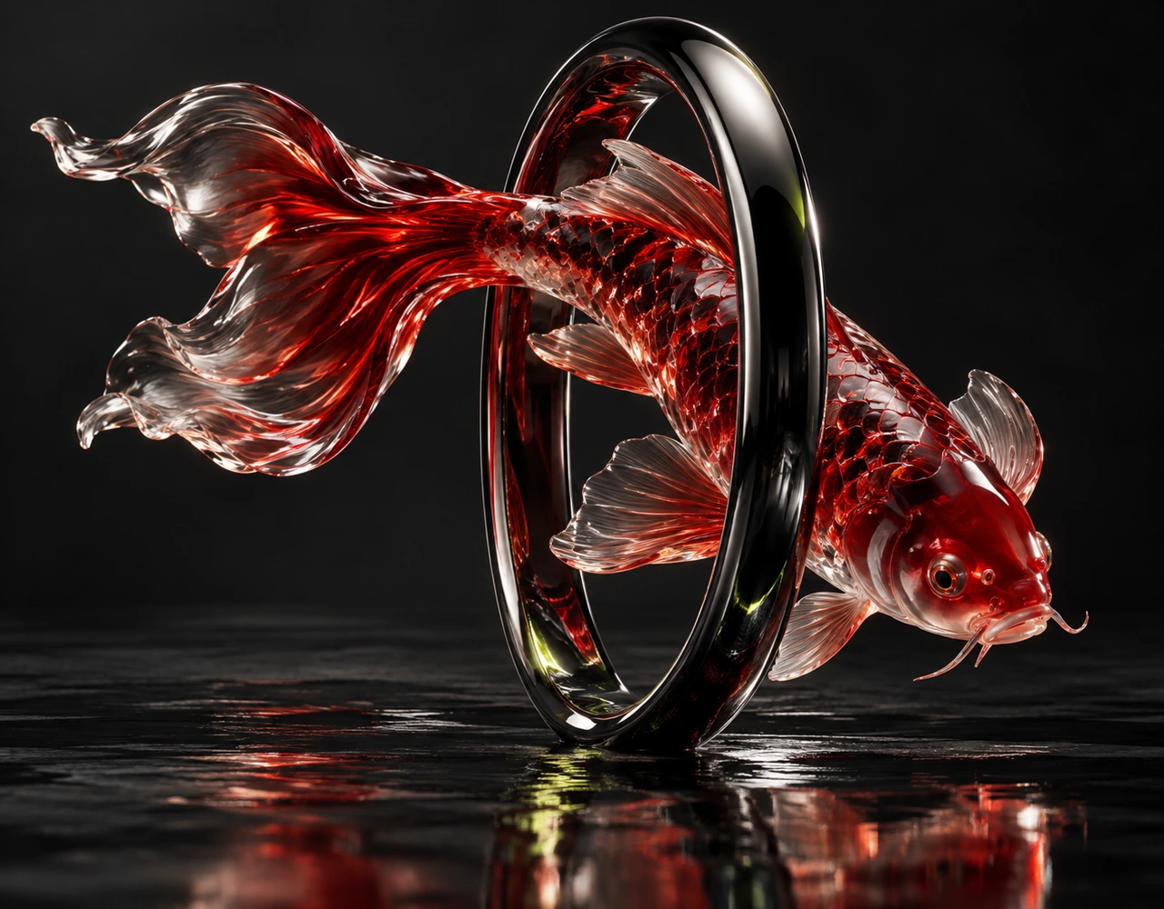 Kling 4.0 editorial illustration: A crimson translucent glass koi turns through a dark chrome optical ring.