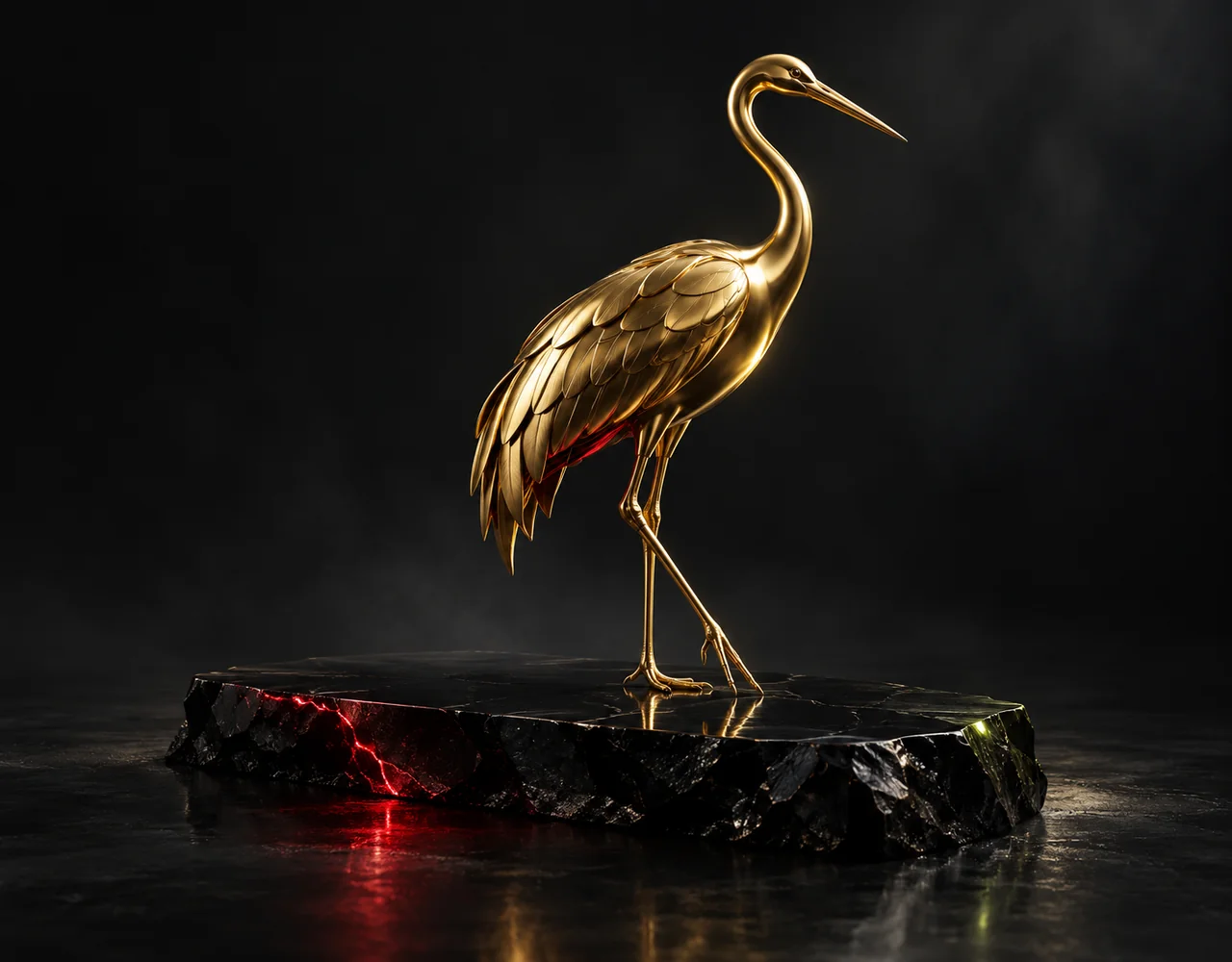 Kling IMAGE 3.0 editorial cover: a sculptural golden crane standing on a clean obsidian plate with a single crimson reflection