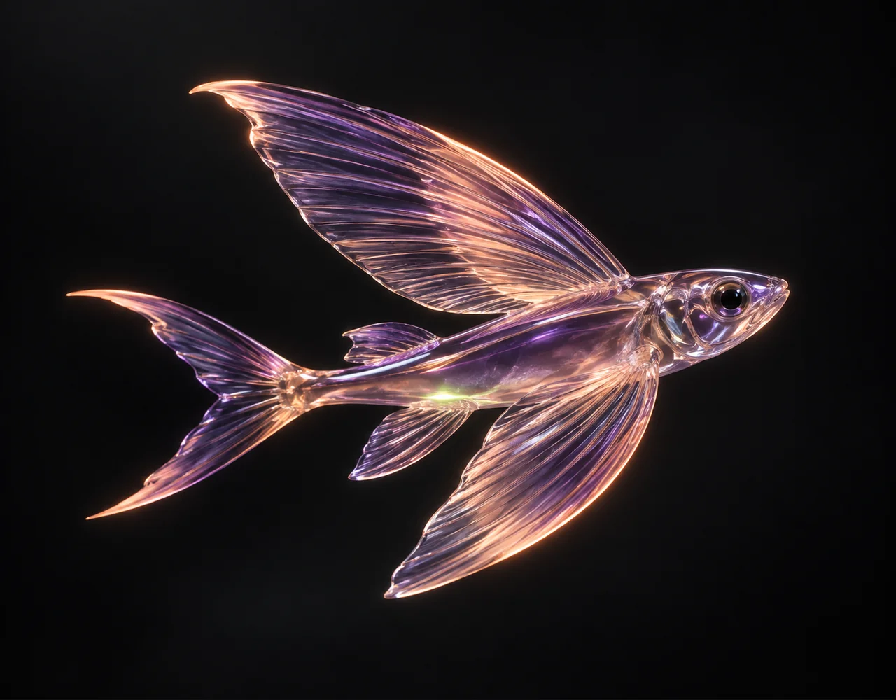 photon flash editorial cover: a thin violet glass flying fish with a peach luminous motion contour