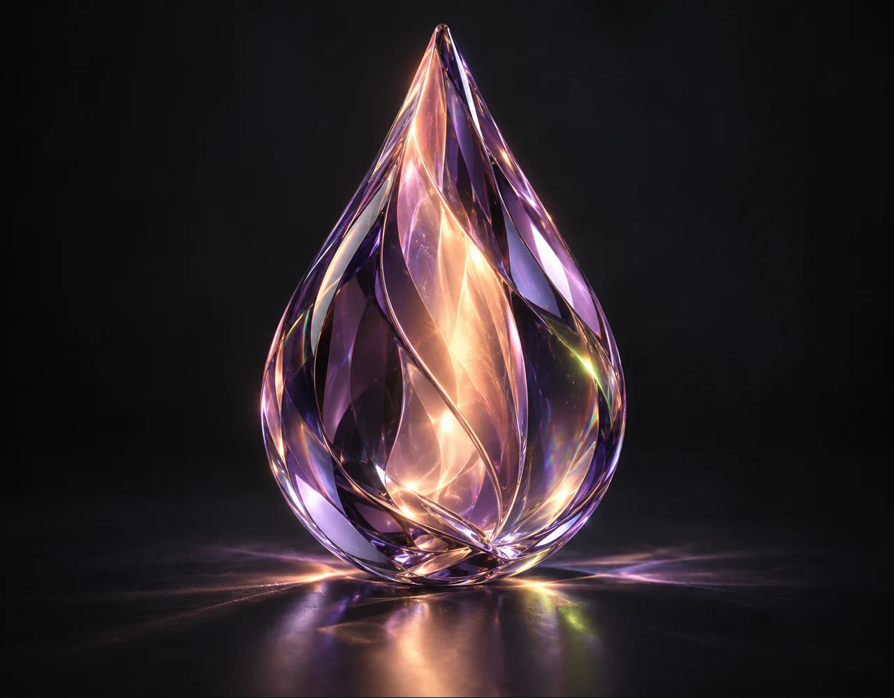 photon editorial cover: a peach light beam caught inside one sculptural violet crystal raindrop