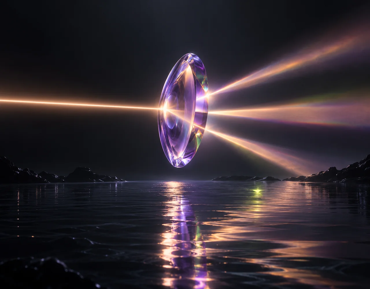 Ray3.2 editorial cover: a suspended iridescent violet lens splitting one peach light beam into three controlled cinematic paths above a dark mirrored sea