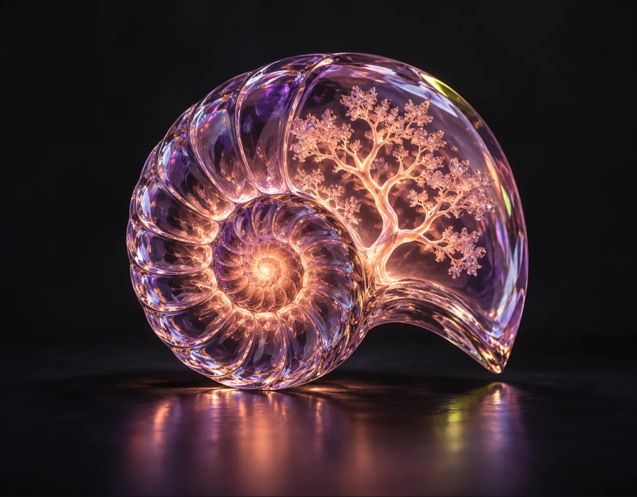 UNI-1 Max editorial cover: an iridescent violet glass ammonite enclosing a luminous peach branching miniature tree