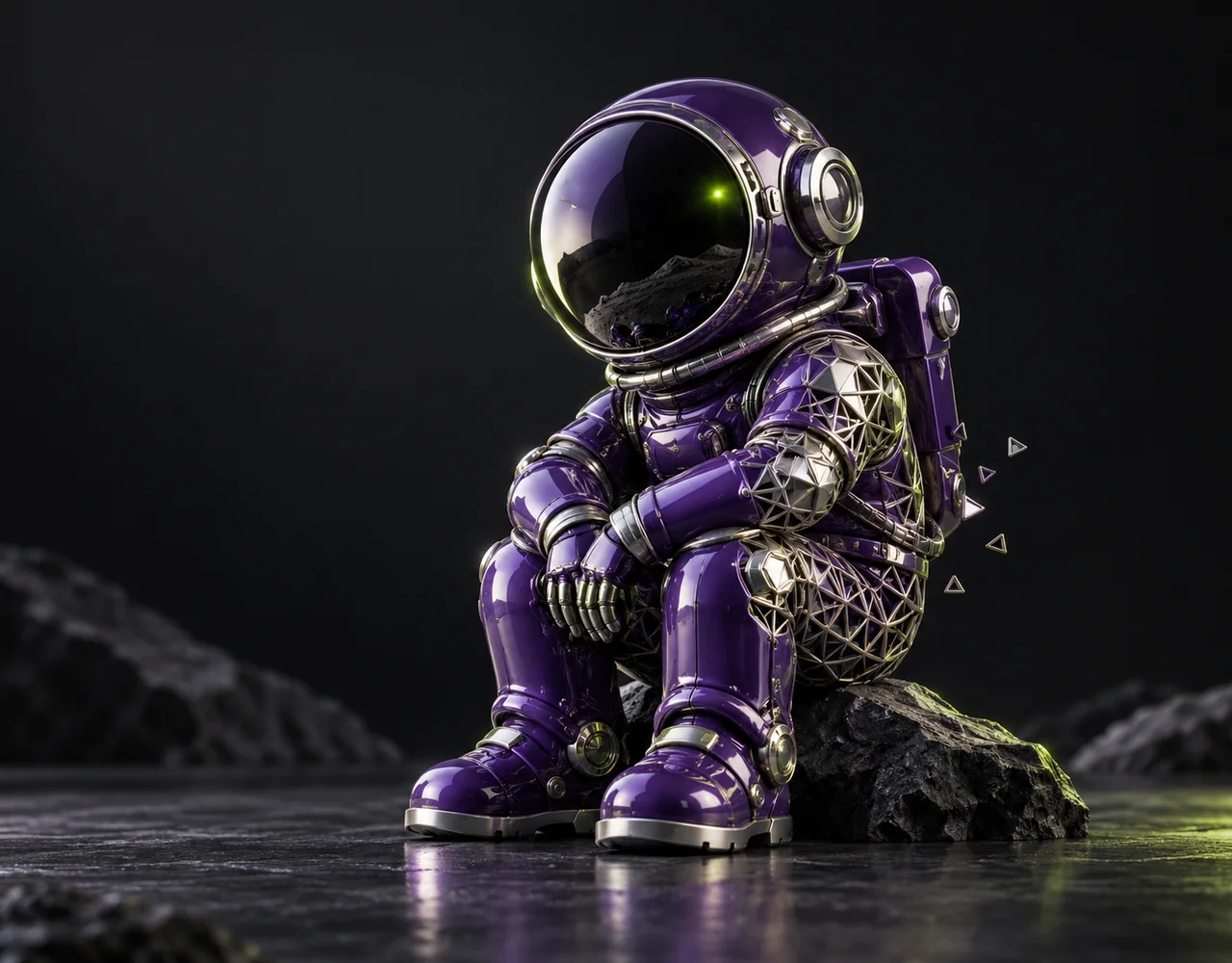 Meshy-6 editorial cover: a charming sophisticated violet enamel mechanical astronaut sculpture with a small section transitioning into elegant silver triangular mesh