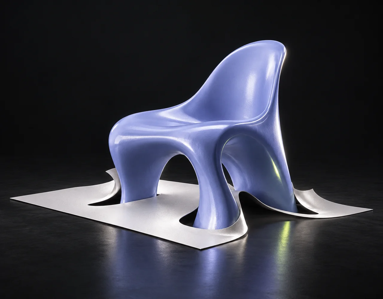 SAM 3D Objects editorial cover: a periwinkle sculptural chair emerging from a flat pearl-white cutout into precise three-dimensional form