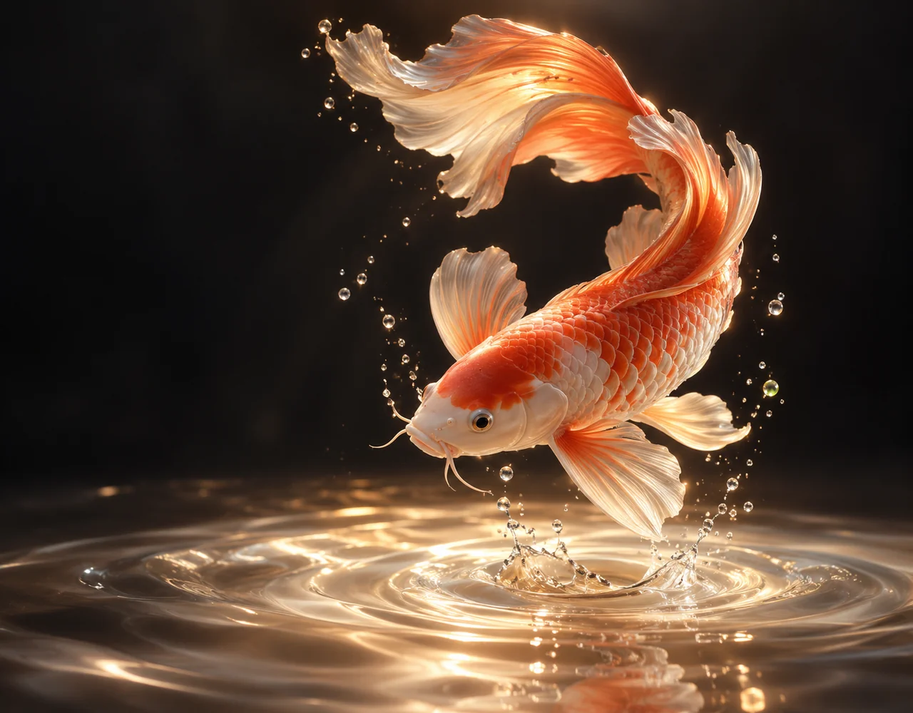 MiniMax Hailuo 2.3 editorial cover: a coral satin koi fish turning elegantly in mid-air over an ivory rippling pool, cinematic backlight