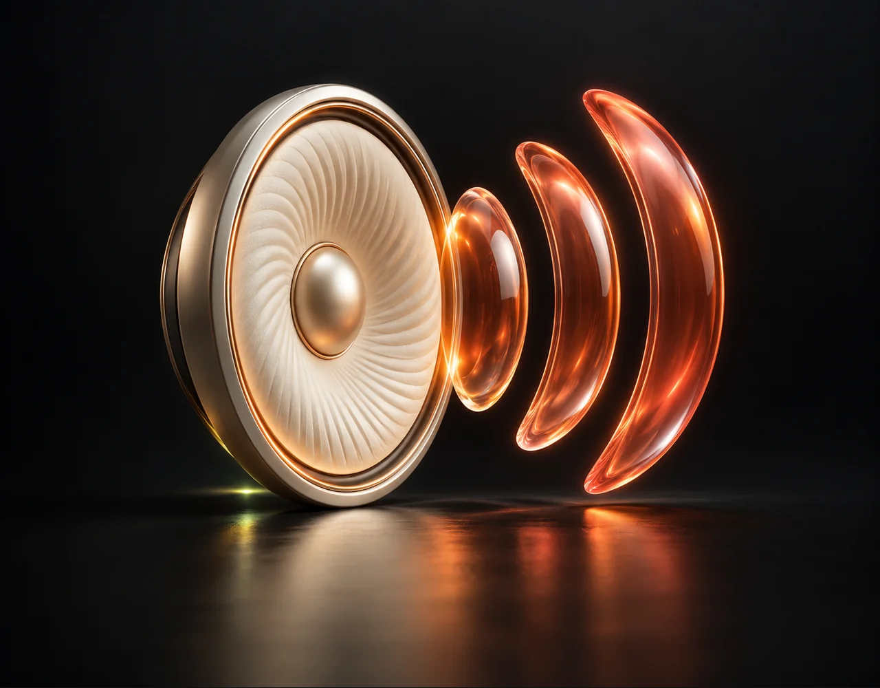 MiniMax Speech 2.8 editorial cover: an ivory acoustic diaphragm emitting three coral glass sound contours