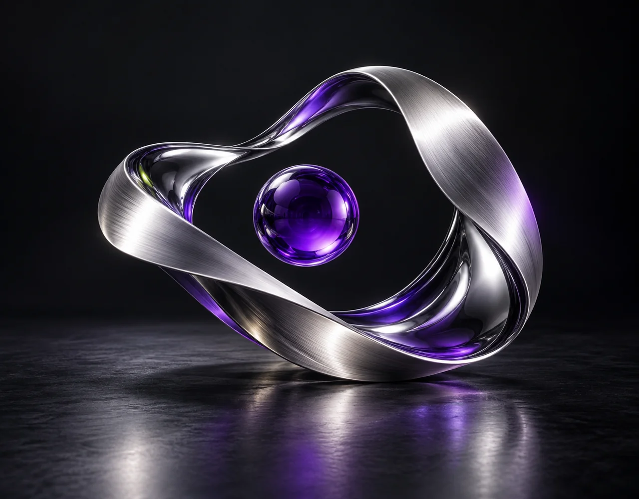 MotionLab editorial cover: a flowing silver loop sculpture surrounding an amethyst glass sphere on dark charcoal