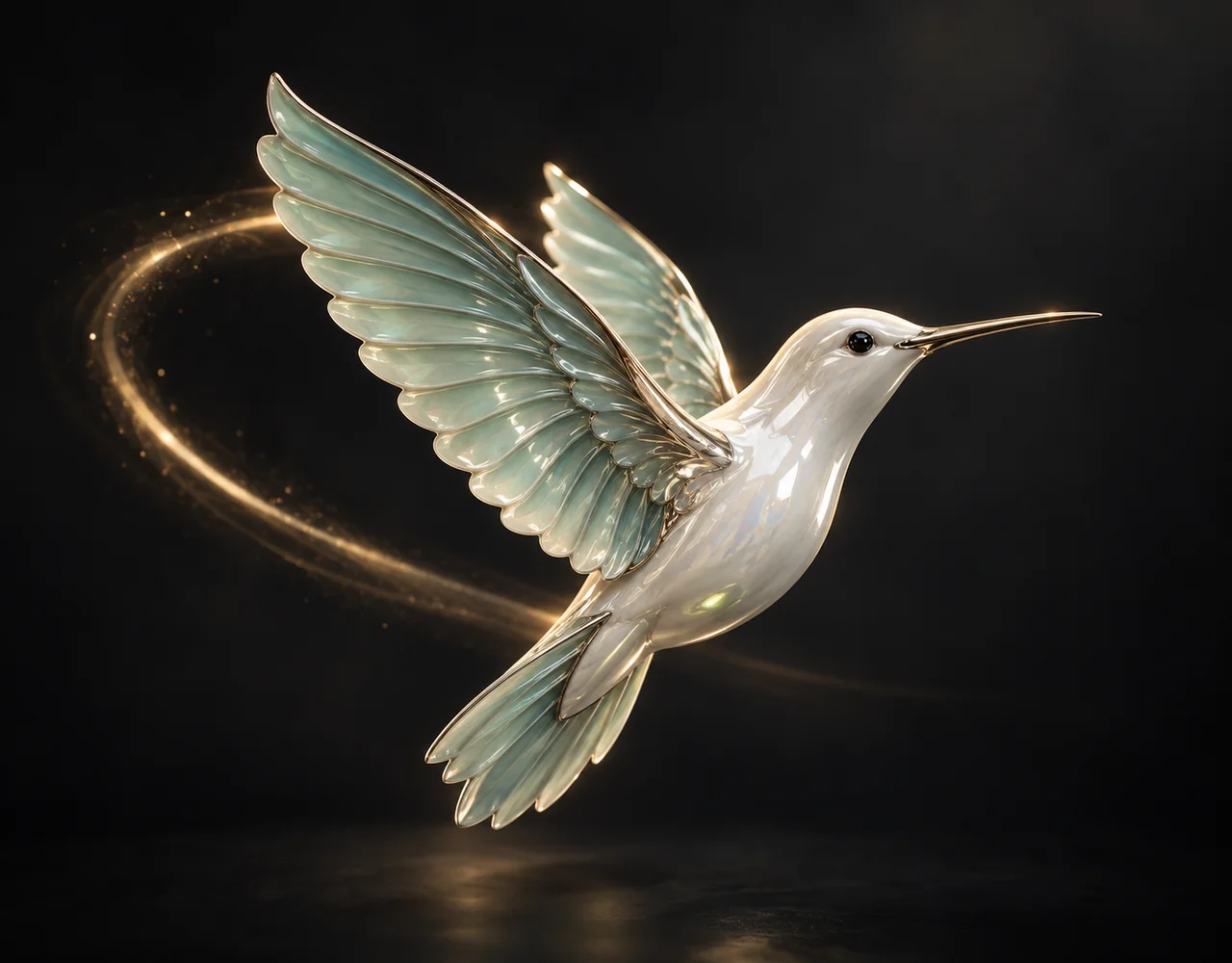 GPT-Image-2.5 Flare editorial cover: a single pearl ceramic hummingbird with seafoam wings and a narrow warm luminous motion arc