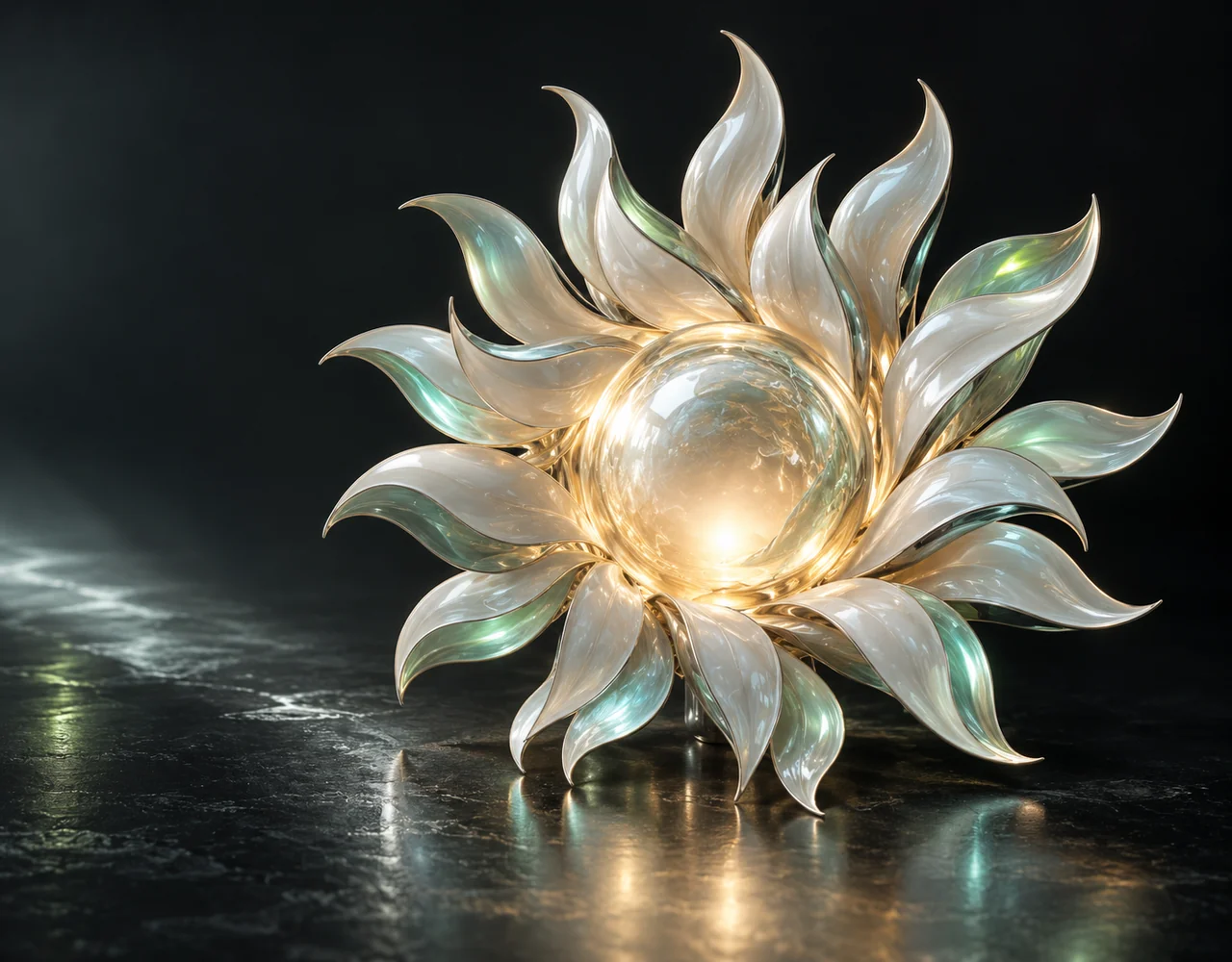 GPT-Image-2.5 Sunburst editorial cover: a precise radial sun sculpture of thin pearl ceramic petals surrounding a warm glass core, seafoam reflections