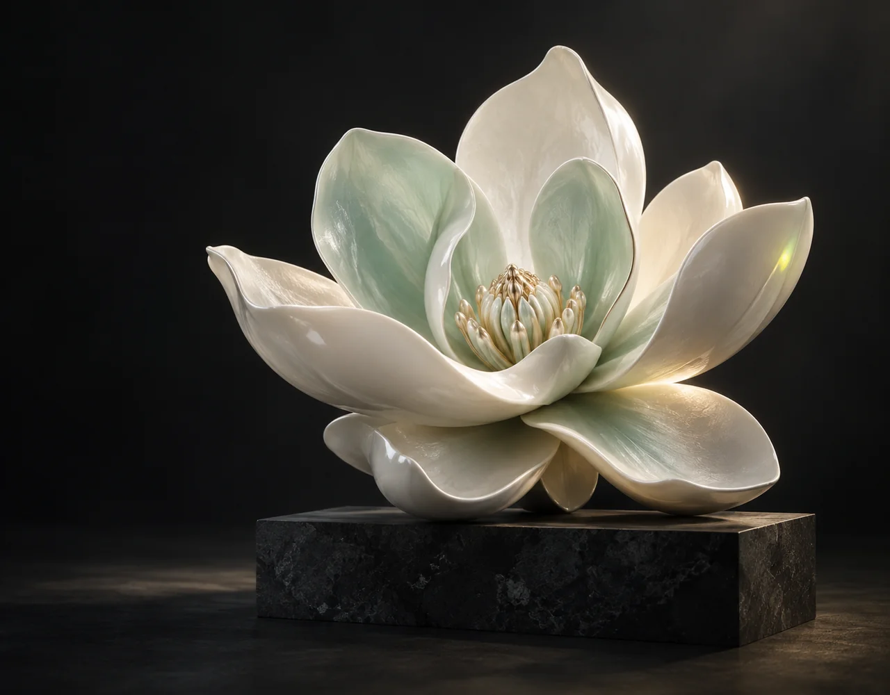 GPT Image 2 editorial cover: a sculptural pearl-white magnolia bloom with gently translucent seafoam inner petals on a charcoal plinth