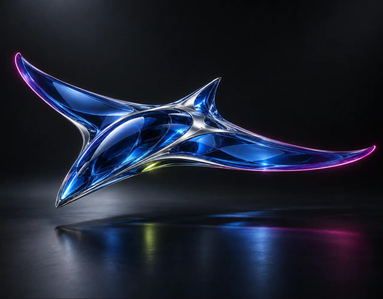 PixVerse V5 Fast editorial cover: a sapphire optical glider with a narrow magenta trailing contour