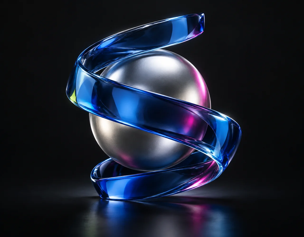 PixVerse V6 editorial cover: a sapphire glass cinematic ribbon forming a broad elegant helix around a silver sphere