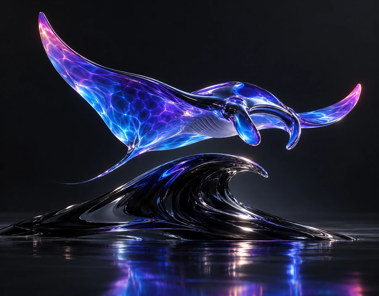 PixVerse V6 Max · Image to video editorial illustration: An iridescent violet and cobalt glass manta ray glides above a polished obsidian wave.