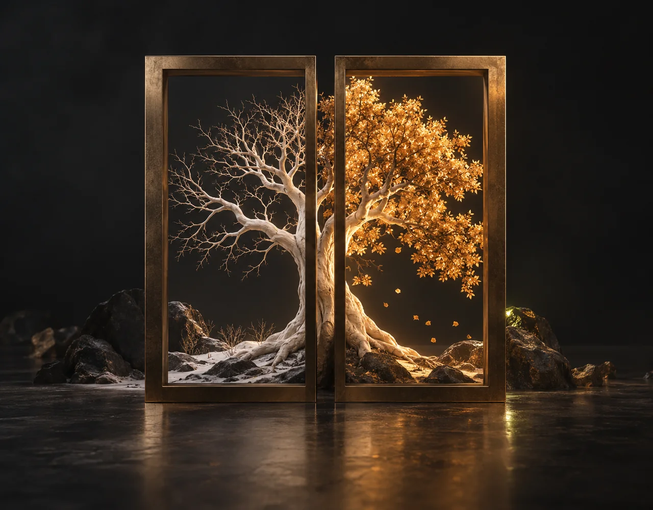 Runway Aleph 2.0 editorial cover: two aligned bronze rectangular apertures showing the same ivory tree transitioning between winter branches and warm amber foliage