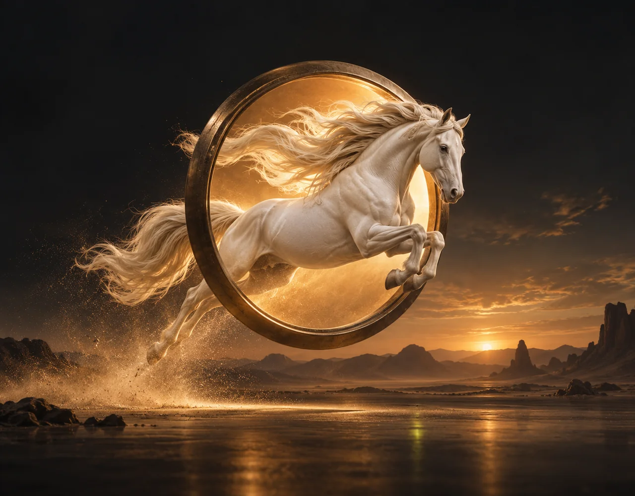 Runway Gen-4.5 editorial cover: a single ivory horse leaping through a suspended circular amber film-light aperture against a distant desert horizon