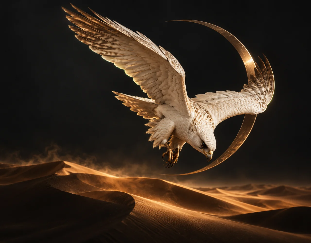 Runway Gen-4 Turbo editorial cover: an ivory falcon diving past a thin bronze crescent above warm desert dunes