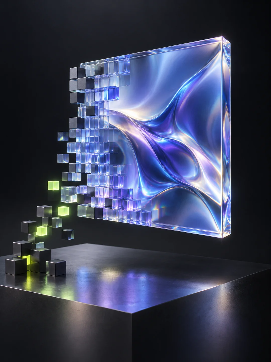Renderly image creation concept: graphite and lime pixels assemble into a blue-violet glass canvas