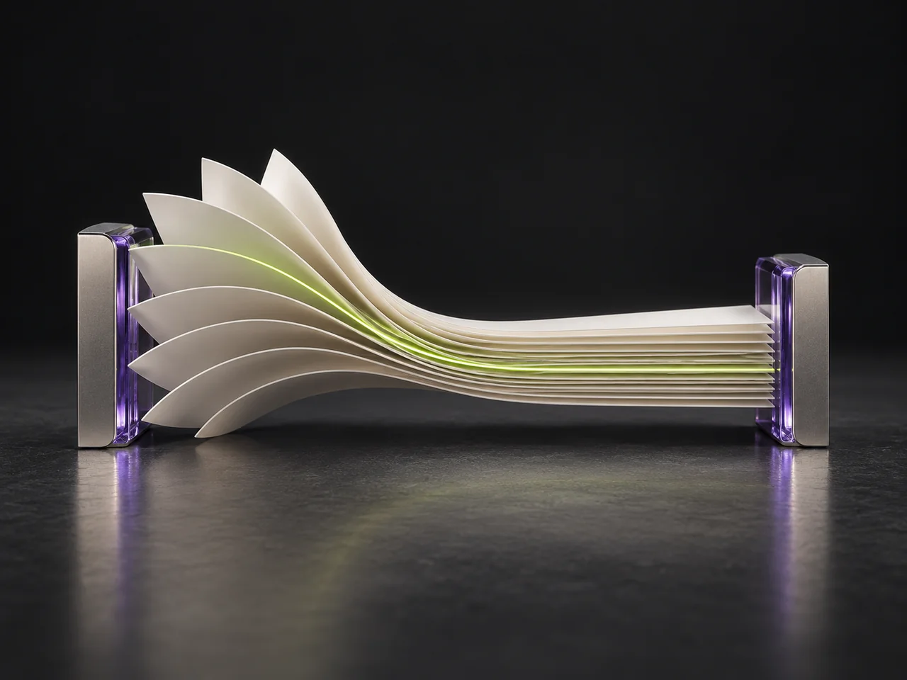 Renderly language and code concept: folded ivory sheets become an ordered stack with a fine lime line