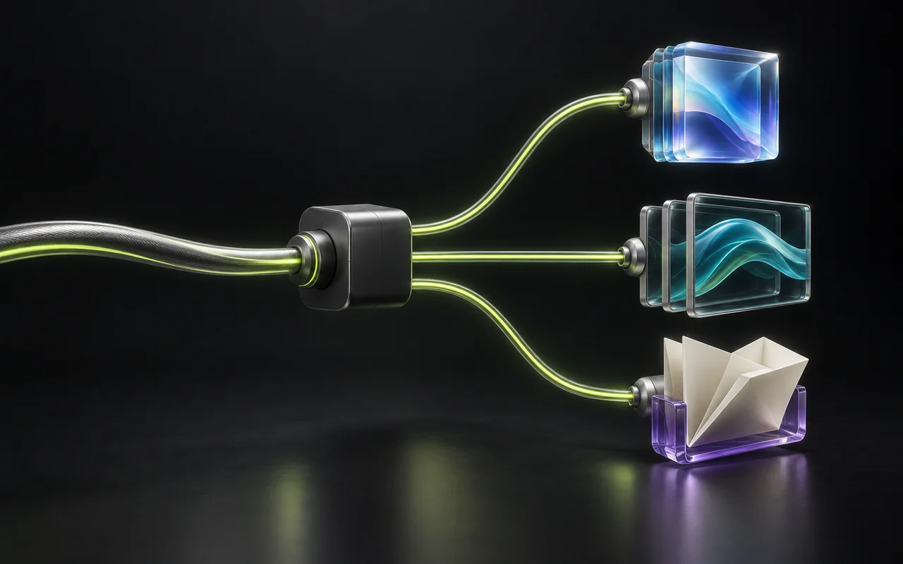 Renderly concept illustration of one lime-lit API connection branching into image, video and language outputs