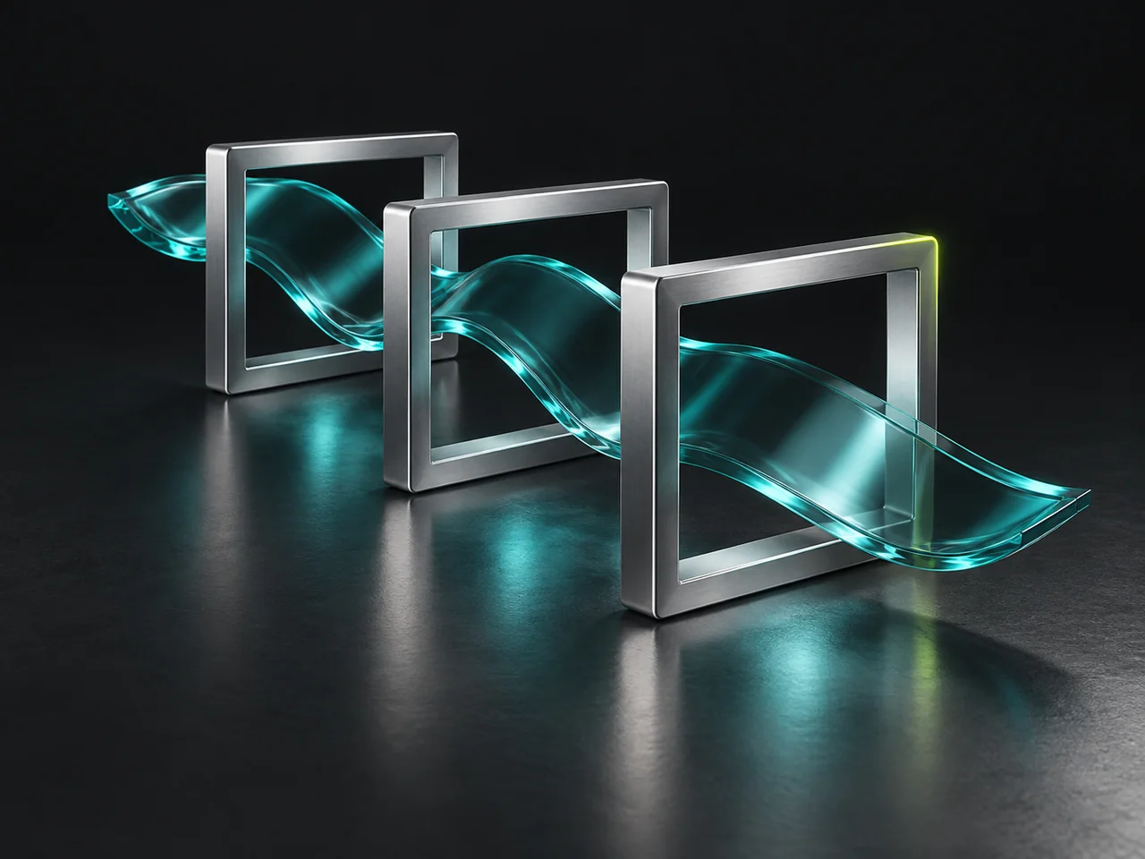 Renderly video concept: a continuous teal glass ribbon passes through three silver frames