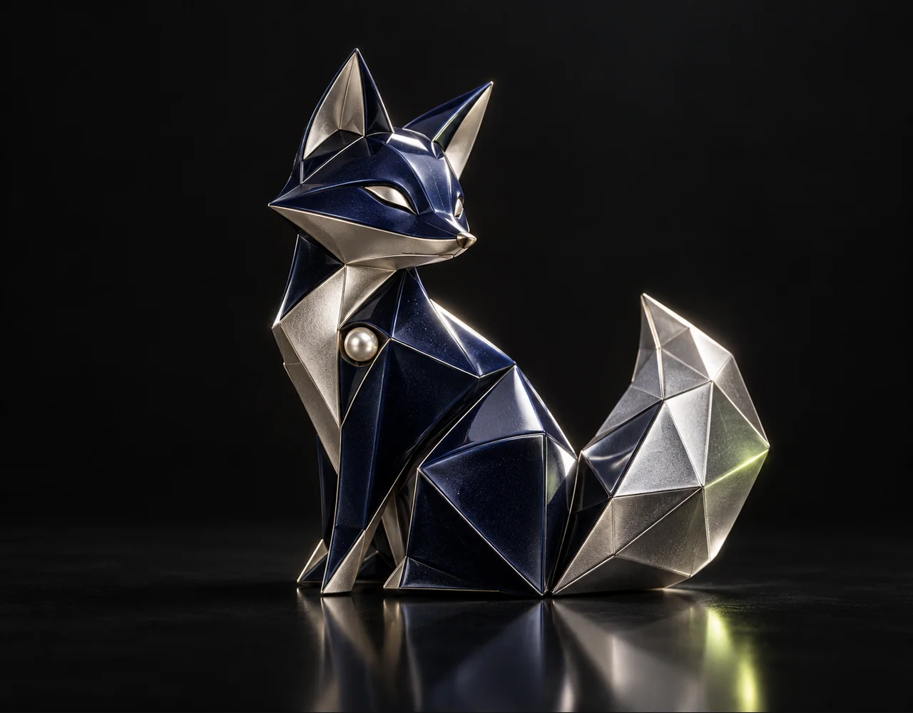 Hunyuan 3D 3.1 Rapid editorial cover: a compact navy enamel origami fox with a silver polygon tail
