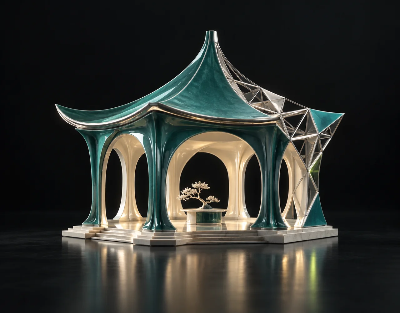 Tripo 3D v3.1 editorial cover: a refined teal enamel miniature architectural pavilion with one corner revealing silver triangular topology