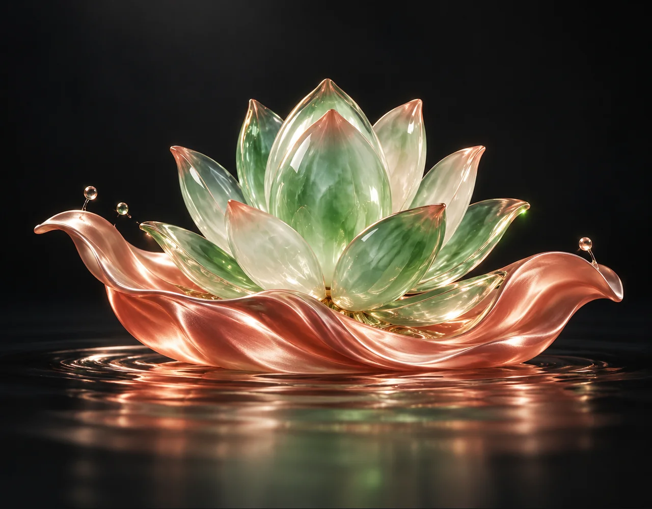 Vidu Q2 Pro editorial cover: a jade optical lotus rising from one coral satin ripple