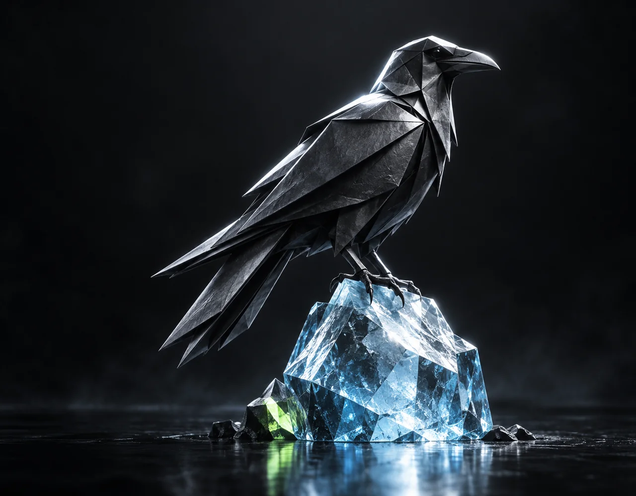 Grok Imagine Image 2.0 editorial cover: a polished graphite origami raven perched on an ice-blue crystal, refined sharp silhouette and white rim light